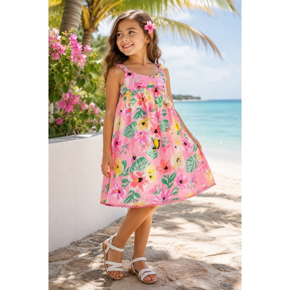 Tommy Bahama Girls Tropical Floral cotton undress Pink Toucan Cotton Dress Size5